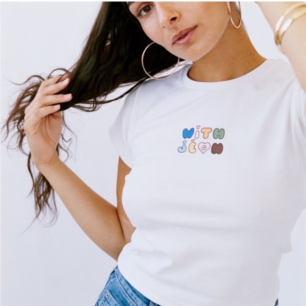 With Jean White Tee with Colorful Logo